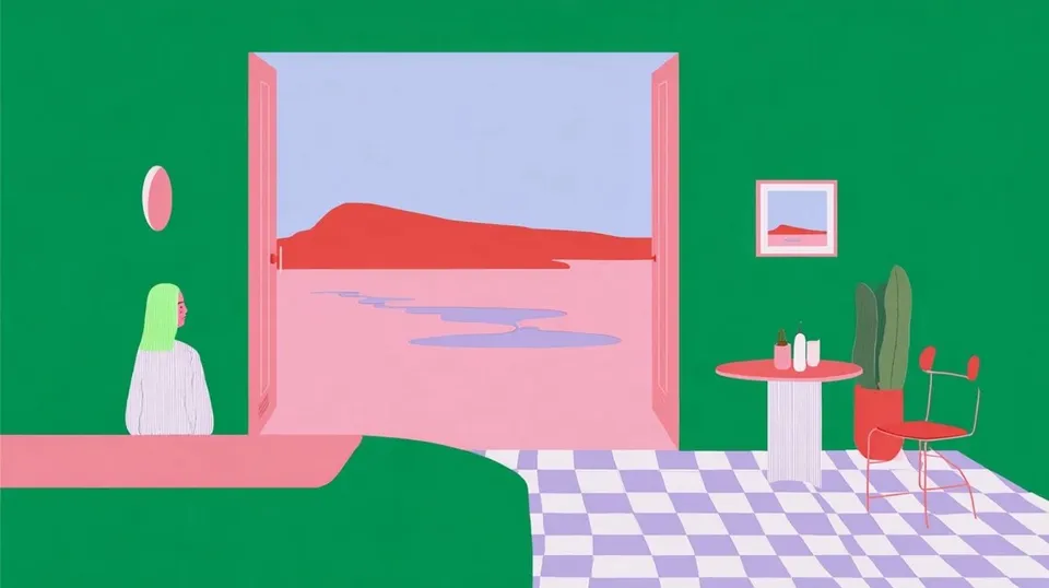 Tiny Geometric Motel Lobby 2, a Midjourney sref remix: a tiny geometric motel lobby opening onto an immense rose-colored salt flat, green-haired dreamer on a checkerboard night path, Memphis interior objects isolated within a quiet cinematic landscape, cinematic illustration style