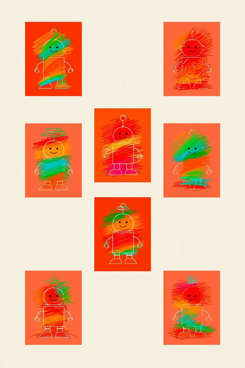 Rainbow Robot Gallery, a Midjourney sref remix: a cheerful crayon drawing of a friendly robot gallery laid out like a tidy science-fiction menu, rainbow scribble textures inside clean monochrome frames, playful illustration style