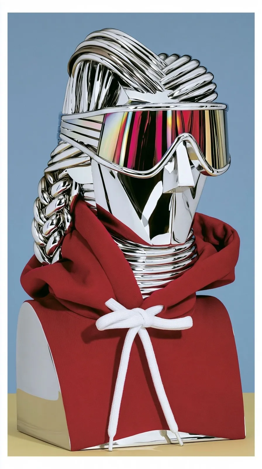 Chrome Bust with Braided Metal Hair, a Midjourney sref remix: a chrome bust with braided metal hair and a red hoodie wearing an iridescent space visor that pours rainbow light from its lenses, neon and cool tones colliding, surreal 3D style