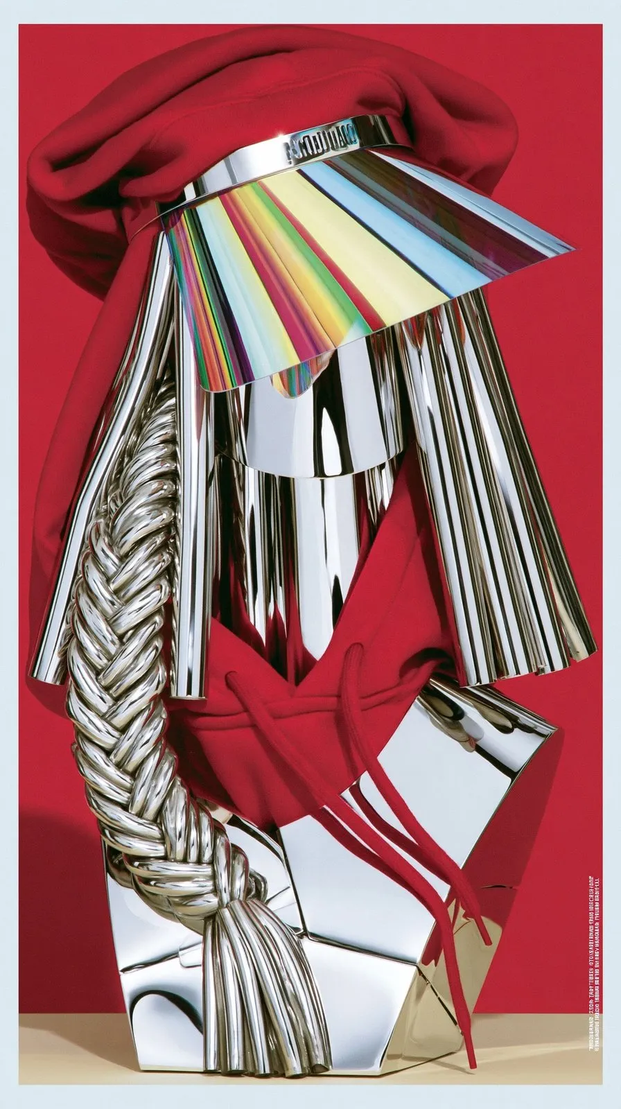 Chrome Bust with Braided Metal Hair, a Midjourney sref remix: a chrome bust with braided metal hair and a red hoodie wearing an iridescent space visor that pours rainbow light from its lenses, neon and cool tones colliding, surreal 3D style