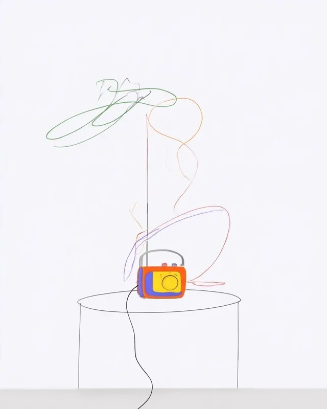 Compact Emergency Hand-Crank Radio, a Midjourney sref remix: a compact emergency hand-crank radio with folded antenna, isolated on a white inspection table, playful illustration style
