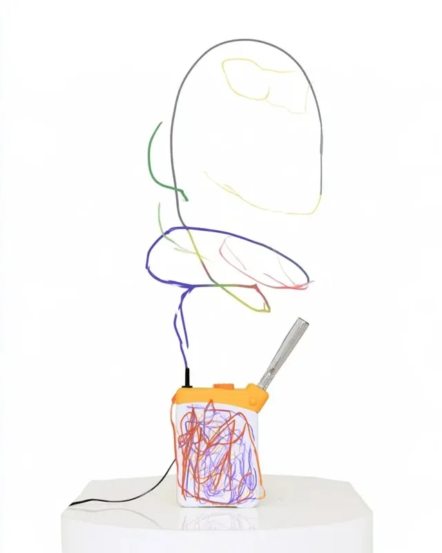 Compact Emergency Hand-Crank Radio, a Midjourney sref remix: a compact emergency hand-crank radio with folded antenna, isolated on a white inspection table, playful illustration style