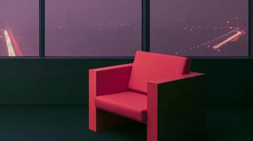 Memphis Armchair, a Midjourney sref remix: A pink-and-green color-blocked studio armchair glows beside a window where night traffic paints luminous streaks across a grainy film-noir cityscape., cinematic photo style