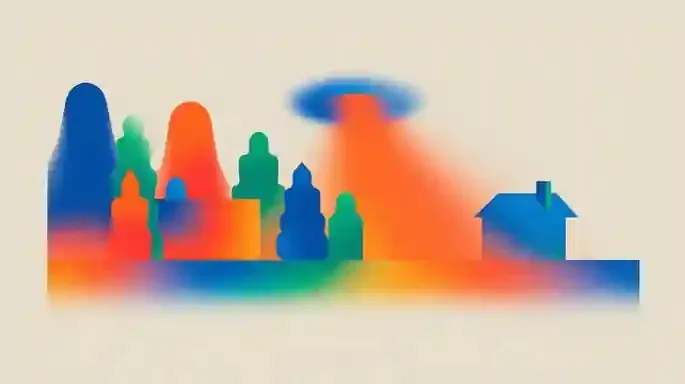 Abandoned Seaside Amusement Park 2, a Midjourney sref remix: an abandoned seaside amusement park slowly disappearing into morning mist, UFO beaming light over a pine forest at dusk, surreal illustration style