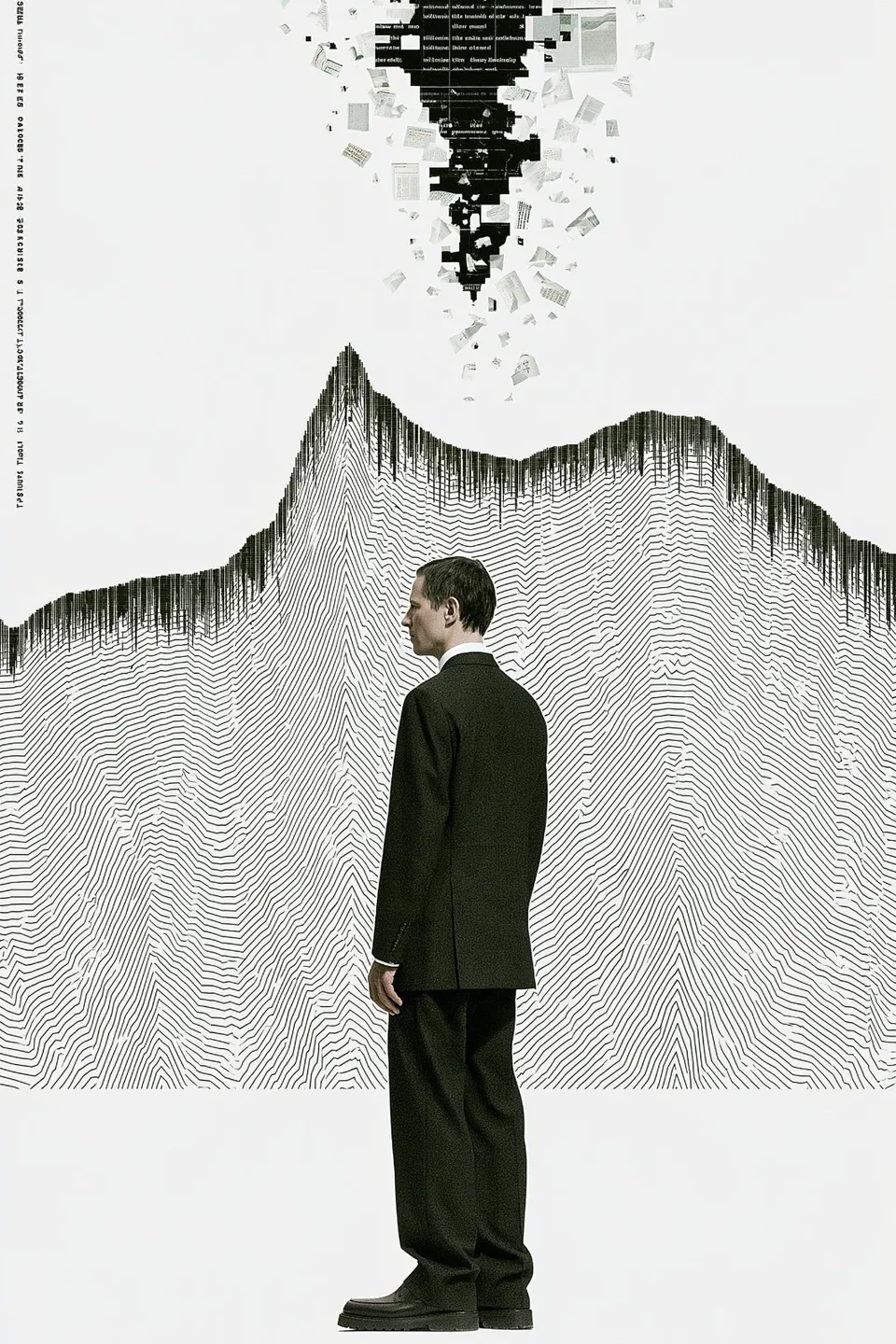 Lone Figure, a Midjourney sref remix: A lone figure in a dark tailored suit stands motionless as a monochrome ridge behind him frays into fine topographic lines and drifting scraps of paper., surreal graphic style