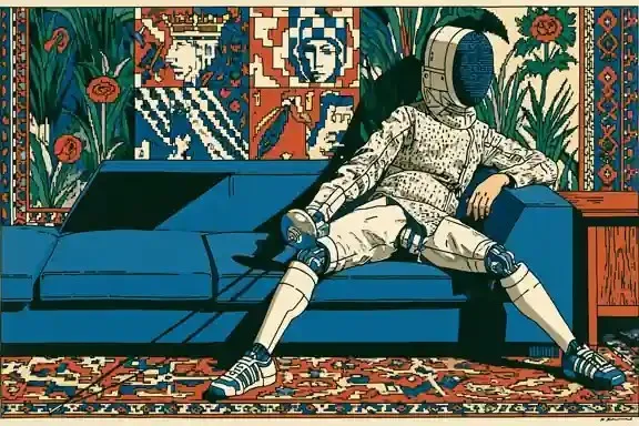 Androgynous Robotic Fencer Resting Between, a Midjourney sref remix: an androgynous robotic fencer resting between matches in an angular cobalt lounge, modernist fashion editorial fused with crisp pixel-art heraldry, surreal illustration style
