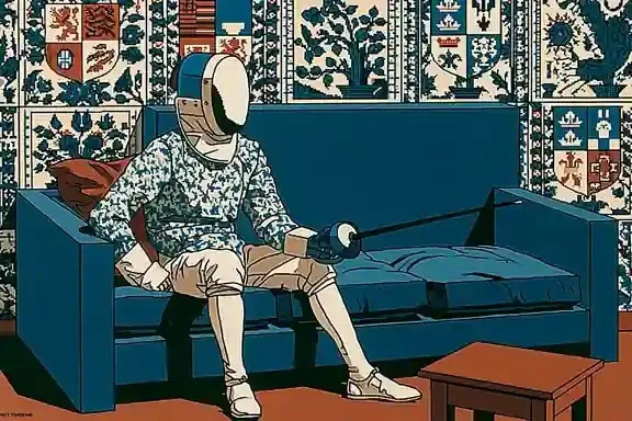 Androgynous Robotic Fencer Resting Between, a Midjourney sref remix: an androgynous robotic fencer resting between matches in an angular cobalt lounge, modernist fashion editorial fused with crisp pixel-art heraldry, surreal illustration style
