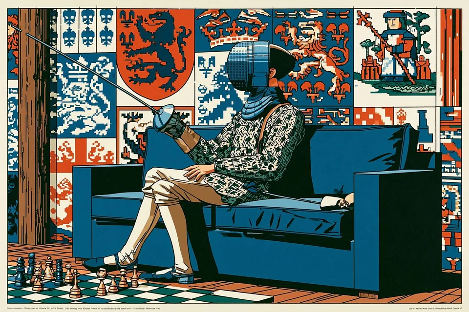 Androgynous Robotic Fencer Resting Between, a Midjourney sref remix: an androgynous robotic fencer resting between matches in an angular cobalt lounge, modernist fashion editorial fused with crisp pixel-art heraldry, surreal illustration style