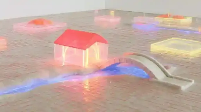 Aerial Survey of Geometric Salt Flats 3, a Midjourney sref remix: an aerial survey of geometric salt flats with a solitary red research tent, a small stone arch footbridge crossing a narrow stream, orthographic side view, dreamy 3D style