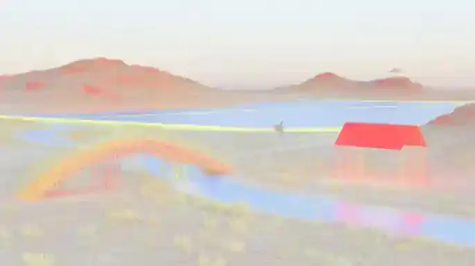 Aerial Survey of Geometric Salt Flats 3, a Midjourney sref remix: an aerial survey of geometric salt flats with a solitary red research tent, a small stone arch footbridge crossing a narrow stream, orthographic side view, surreal illustration style