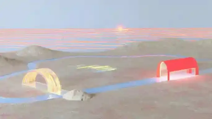 Aerial Survey of Geometric Salt Flats 3, a Midjourney sref remix: an aerial survey of geometric salt flats with a solitary red research tent, a small stone arch footbridge crossing a narrow stream, orthographic side view, cinematic 3D style