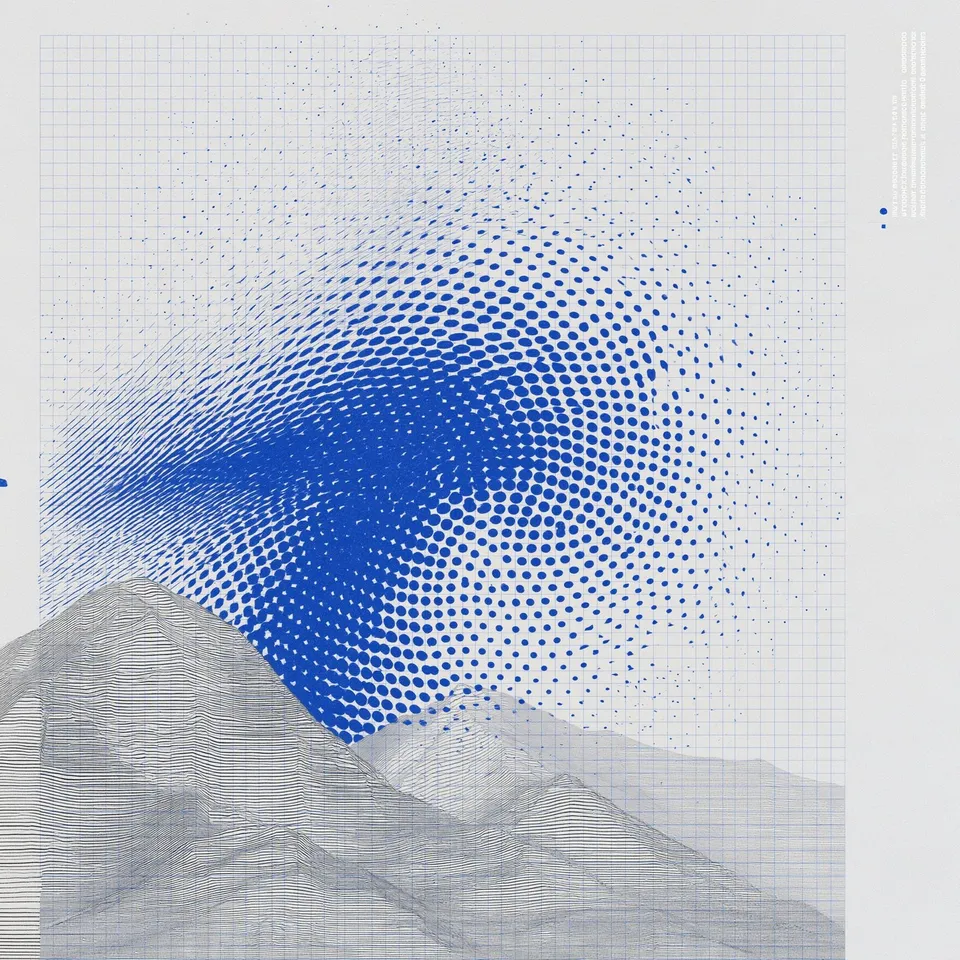 Contour Vortex Ridge, a Midjourney sref remix: A serene blue spiral of wind and starlight winds through a monochrome mountain range sketched in clean contour lines., minimal illustration style