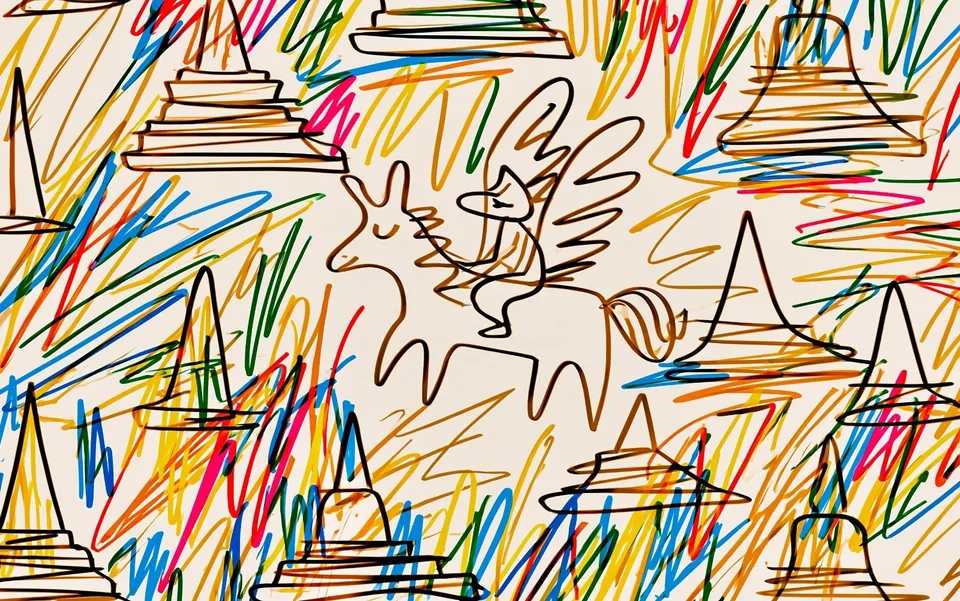 Child's Rainbow Crayon Drawing Brought, a Midjourney sref remix: a child's rainbow crayon drawing brought to life as a winged horse and rider soar over floating temples, wild scribbled color layered onto a warm storybook atmosphere, playful illustration style