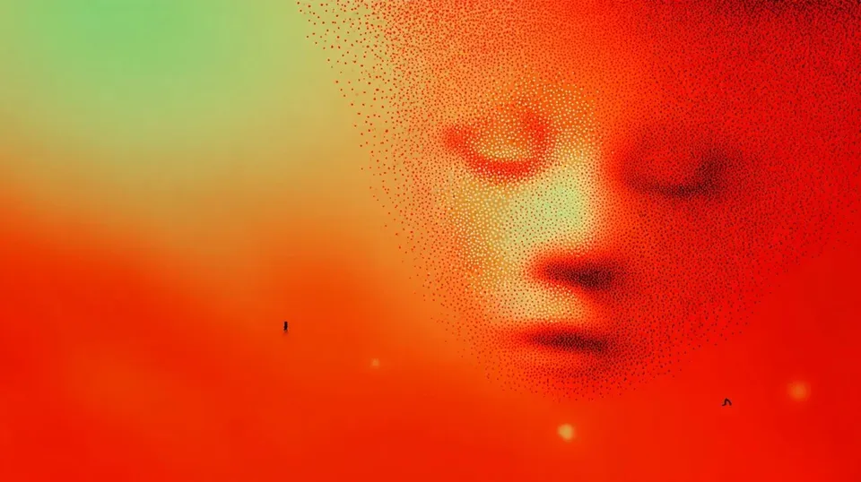 Cinematic Sci-Fi Image Gallery Interface, a Midjourney sref remix: cinematic sci-fi image gallery interface, A serene, warmly lit face fades gently into a field of sparse dots, its quiet prayerful expression rendered in delicate stippled pointillism., dreamy illustration style