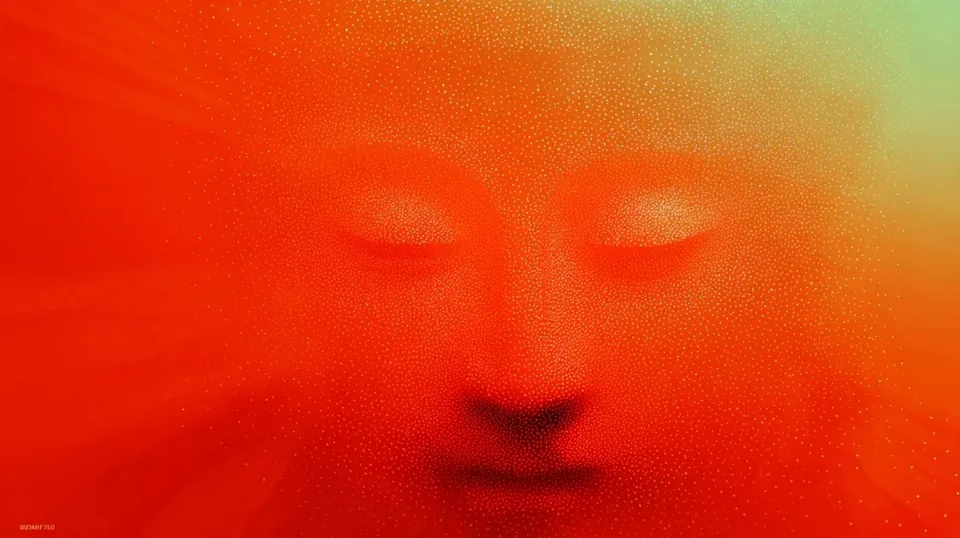 Cinematic Sci-Fi Image Gallery Interface, a Midjourney sref remix: cinematic sci-fi image gallery interface, A serene, warmly lit face fades gently into a field of sparse dots, its quiet prayerful expression rendered in delicate stippled pointillism., dreamy illustration style