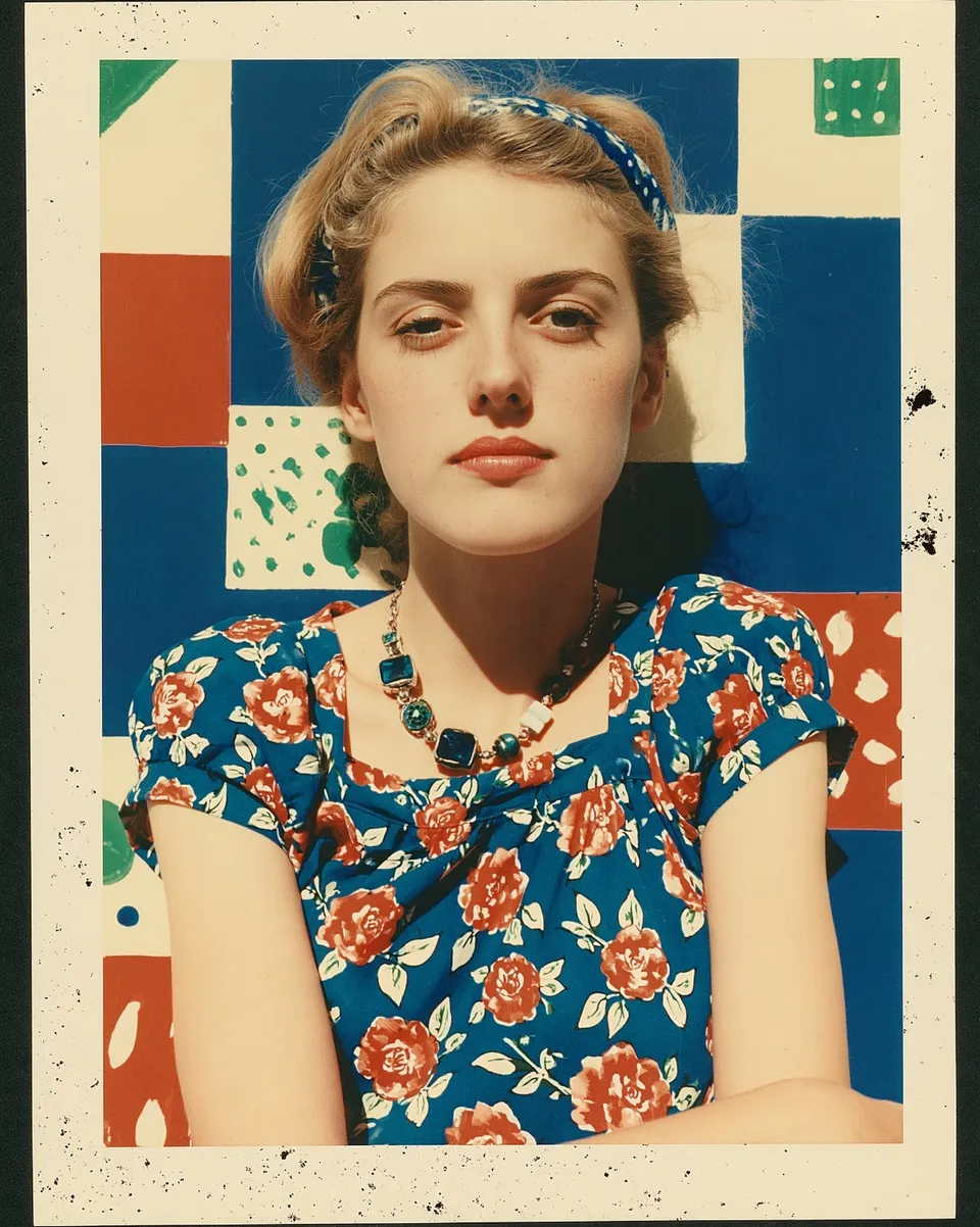 1970S Fragrance Campaign, a Midjourney sref remix: a 1970s fragrance campaign with an elegant figure reclining across a cobalt geometric set, modernist painted shapes softened by faded Polaroid grain and freckles, retro photo style