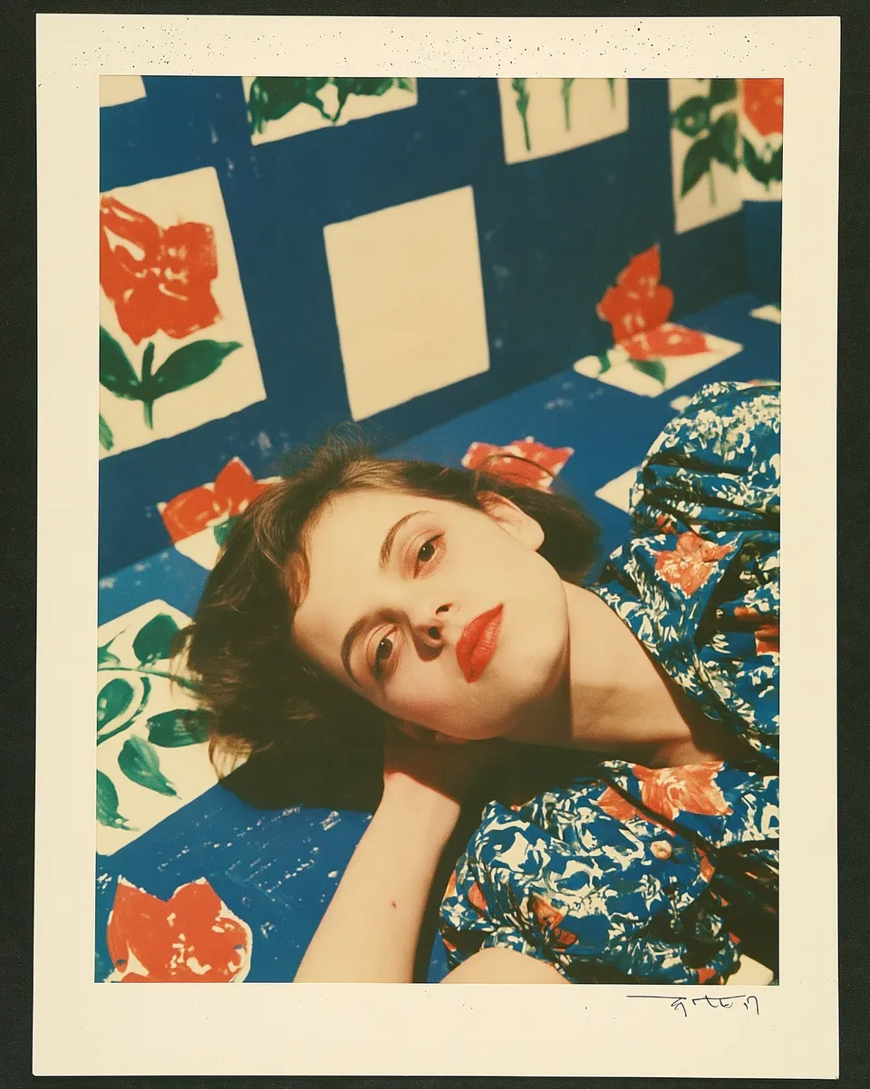 1970S Fragrance Campaign, a Midjourney sref remix: a 1970s fragrance campaign with an elegant figure reclining across a cobalt geometric set, modernist painted shapes softened by faded Polaroid grain and freckles, dreamy photo style