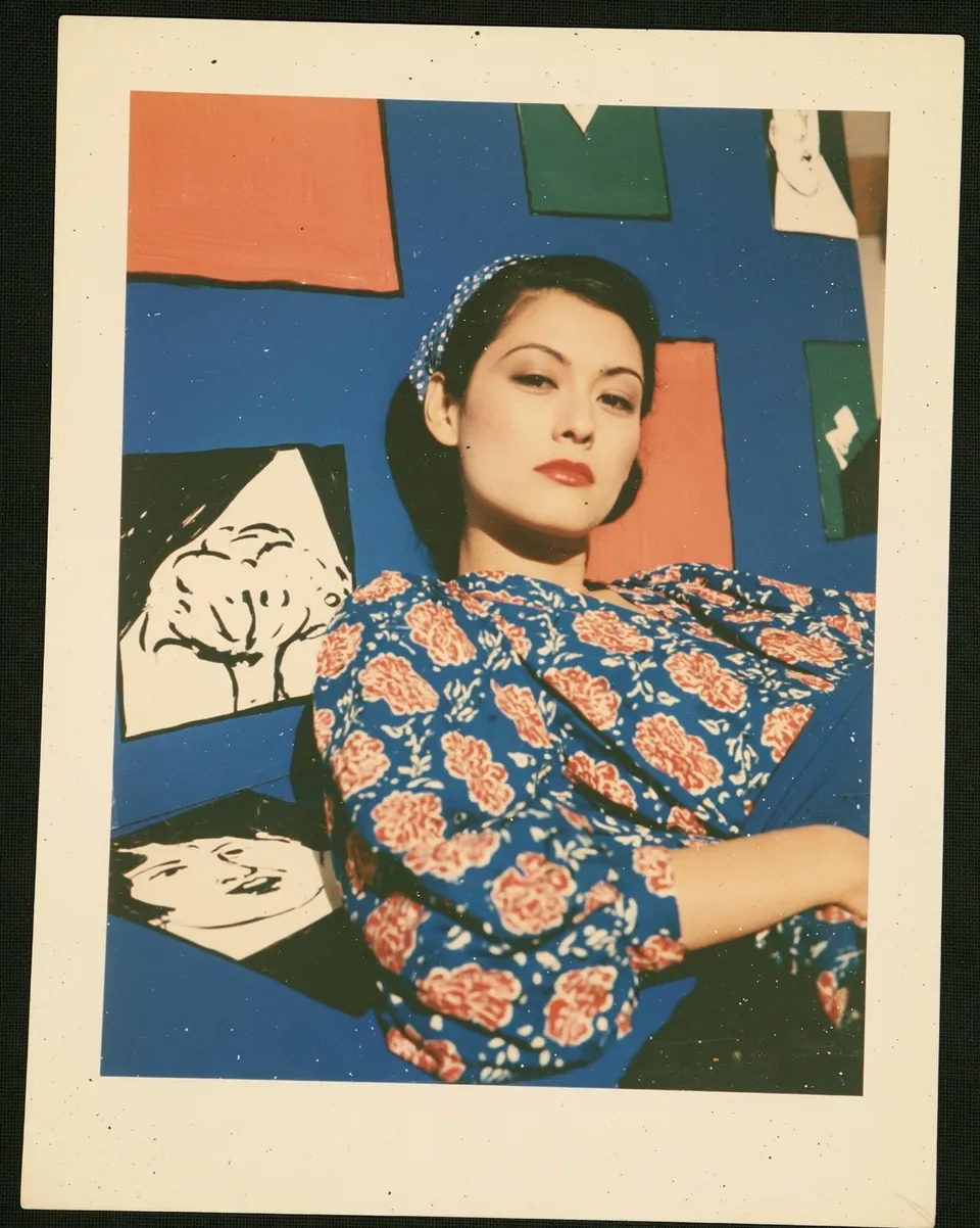 1970S Fragrance Campaign, a Midjourney sref remix: a 1970s fragrance campaign with an elegant figure reclining across a cobalt geometric set, modernist painted shapes softened by faded Polaroid grain and freckles, cinematic photo style