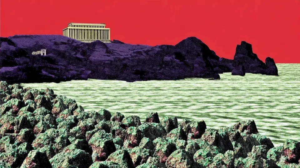 Pixel-Art Armory of a Winged Knight 3, a Midjourney sref remix: pixel-art armory of a winged knight, a brutalist seaside hotel perched above black volcanic rocks at blue hour, translucent jelly shoes arranged like rare gemstones on mirrored plinths, tiny amber windows, brutal graphic style