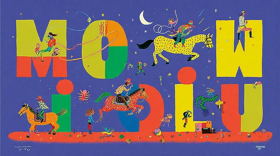 Horse Riders, a Midjourney sref remix: horse riders circling an empty nighttime arena as their lariats become luminous highway trails, a friendly microbe chorus conducting a tiny brass band inside a playful children’s science museum poster, loose watercolor gestures against grainy cinematic darkness, flat cut-paper geometry, jubilant letterforms and electric primary colors, playful illustration style