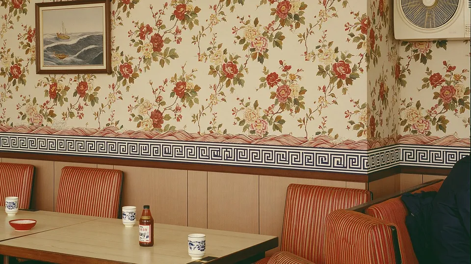 The Clubhouse Tide, a Midjourney sref remix: a quiet hillside clubhouse reading room where the floral wallpaper gradually becomes an ocean-wave sky, domestic painted calm opening into playful cinematic landscape, retro photo style