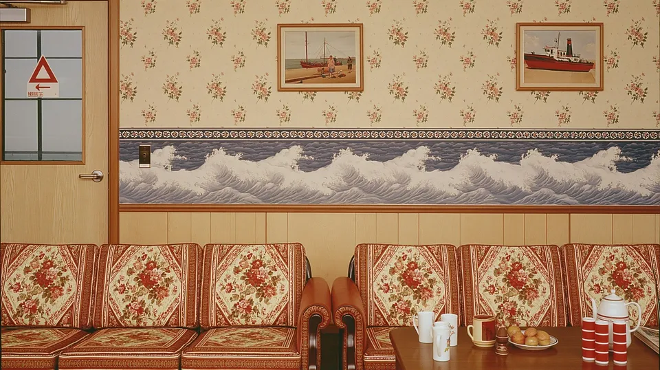 The Clubhouse Tide, a Midjourney sref remix: a quiet hillside clubhouse reading room where the floral wallpaper gradually becomes an ocean-wave sky, domestic painted calm opening into playful cinematic landscape, cinematic photo style