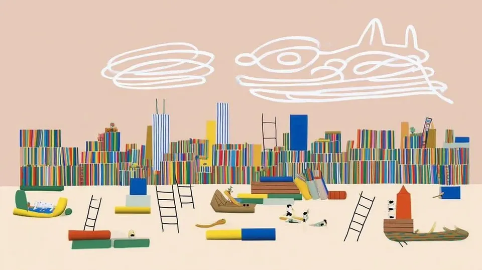 Floating Library Suspended inside a Vast Cloud 3, a Midjourney sref remix: a floating library suspended inside a vast cloud chamber, crayon-scrawled Batman portrait in rainbow strokes, sleepy rubber submarines fold the horizon through a suburban rooftop, ladders and books drifting in sunlight, before the city wakes, playful illustration style