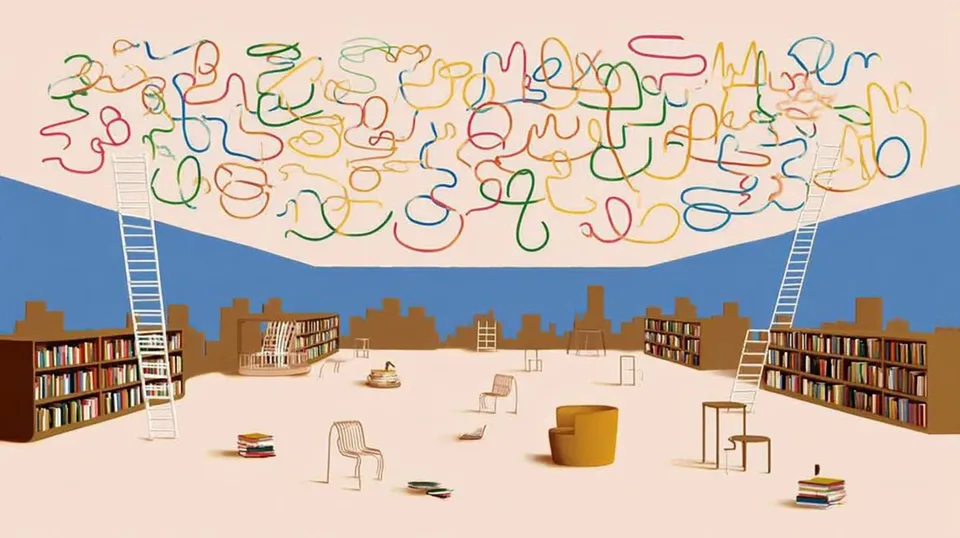 Floating Library Suspended inside a Vast Cloud 3, a Midjourney sref remix: a floating library suspended inside a vast cloud chamber, crayon-scrawled Batman portrait in rainbow strokes, sleepy rubber submarines fold the horizon through a suburban rooftop, ladders and books drifting in sunlight, before the city wakes, surreal illustration style